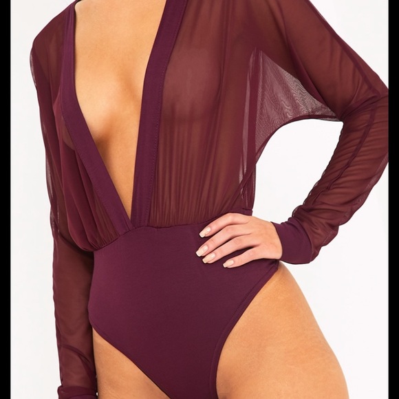 PrettyLittleThing Wine Mesh Plunge Thong Bodysuit - Picture 3 of 10